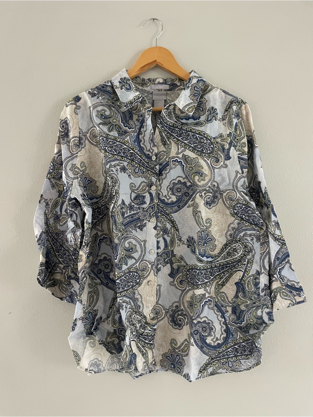 Chicos Paisley Button-Up Shirt in Blue and Cream